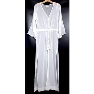 WHITE FOX SWIM Sheer Button Down Bikini Cover Up Duster Kimono White Boho Medium